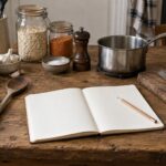 A practical kitchen worktable with basic equipment, pantry staples and an open notebook