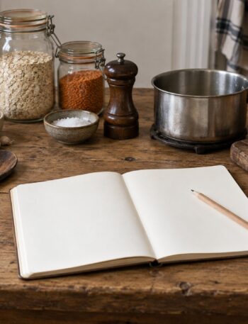 A practical kitchen worktable with basic equipment, pantry staples and an open notebook