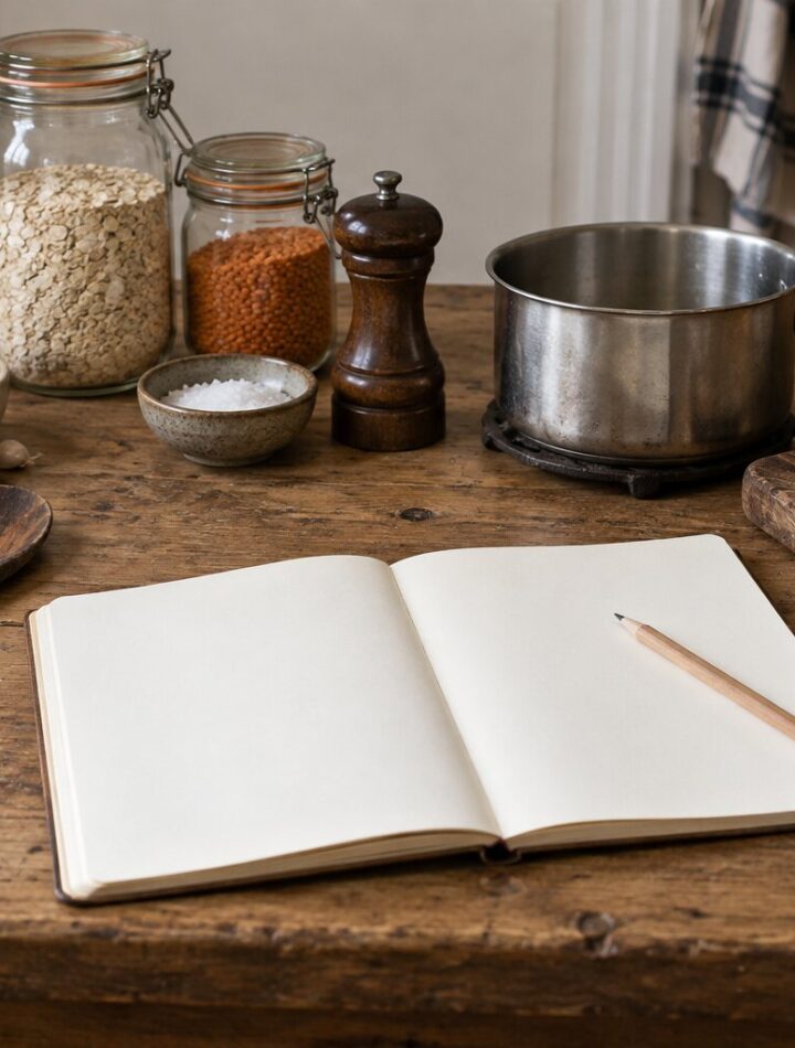 A practical kitchen worktable with basic equipment, pantry staples and an open notebook