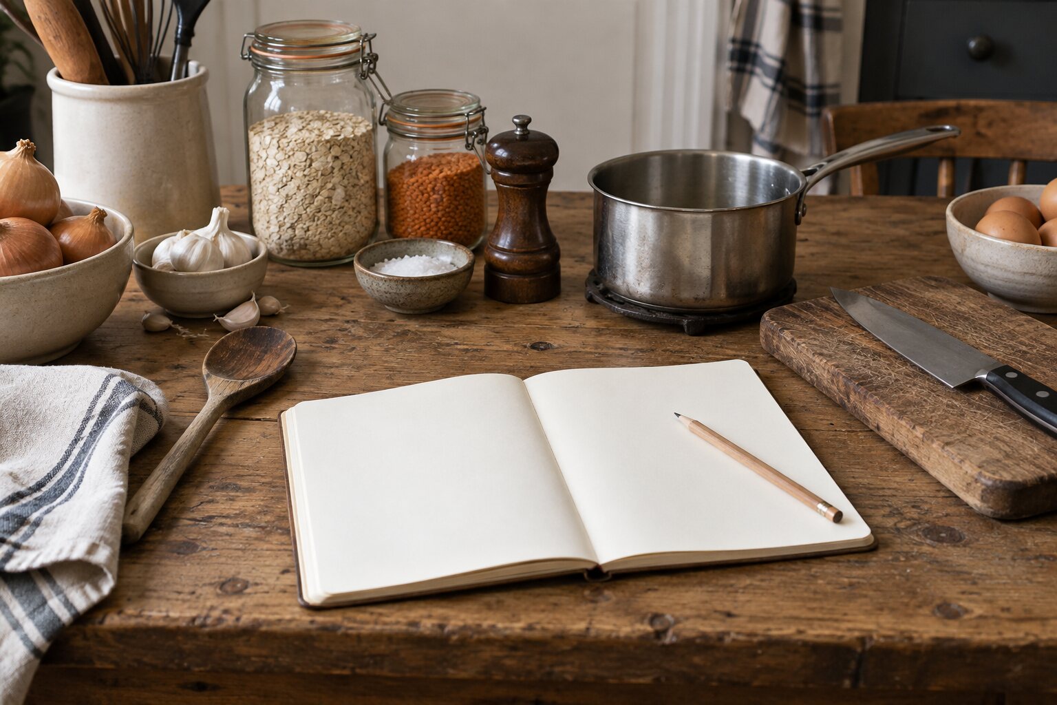 Essential kitchen tools and pantry staples arranged beside a blank notebook