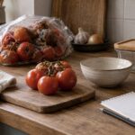 Fresh tomatoes beside spoiled tomatoes, a reusable container and a shopping list
