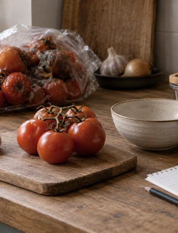 Fresh tomatoes beside spoiled tomatoes, a reusable container and a shopping list