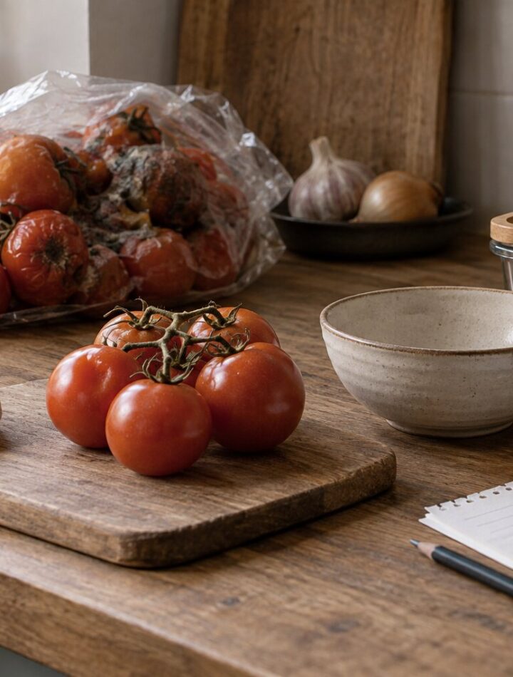 Fresh tomatoes beside spoiled tomatoes, a reusable container and a shopping list