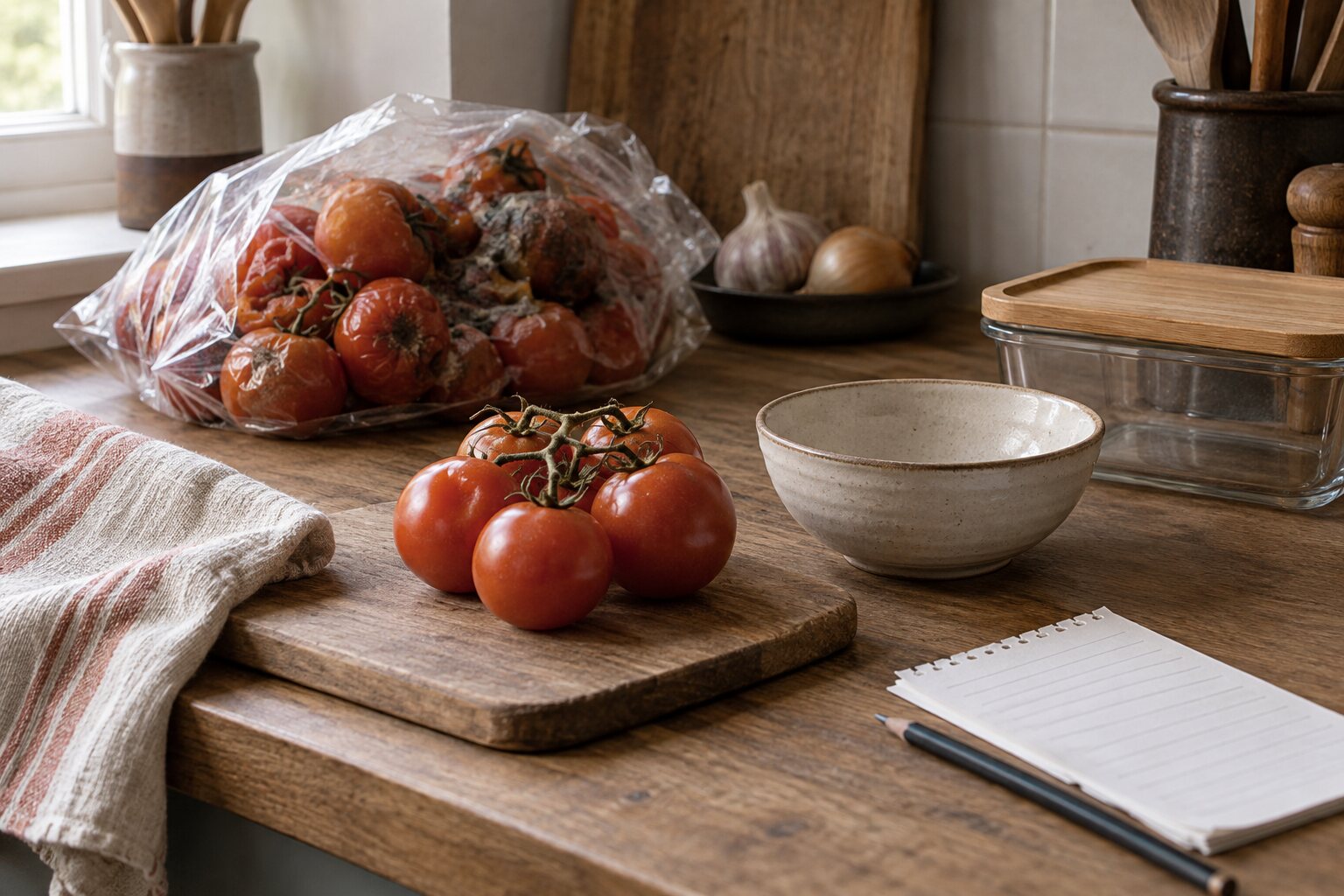 Fresh tomatoes beside neglected tomatoes and a reusable food container