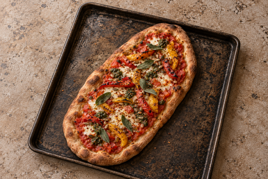 Chargrilled pepper and sage flatbread with mozzarella, pesto and mixed seeds on a baking tray