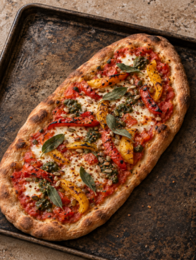 Chargrilled pepper and sage flatbread with mozzarella, pesto and mixed seeds on a baking tray