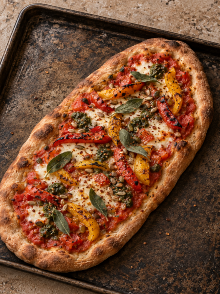 Chargrilled pepper and sage flatbread with mozzarella, pesto and mixed seeds on a baking tray