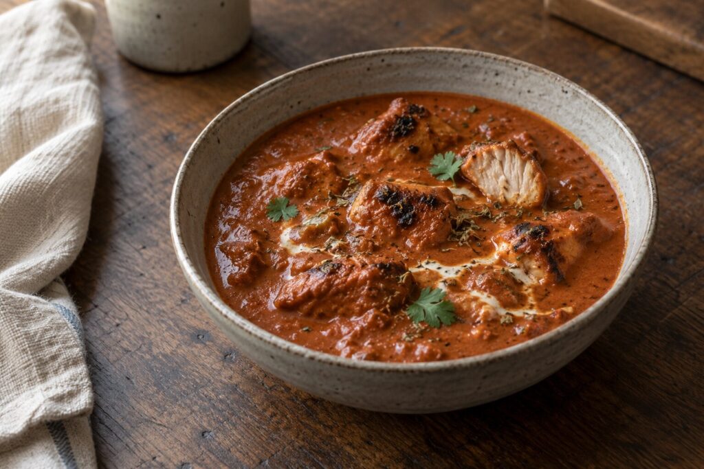 Charred chicken tikka masala in a ceramic bowl with a tomato, fenugreek and cream sauce