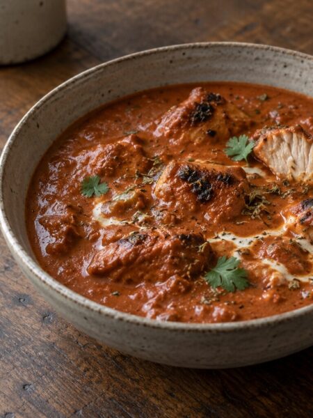 Charred chicken tikka masala in a ceramic bowl with a tomato, fenugreek and cream sauce