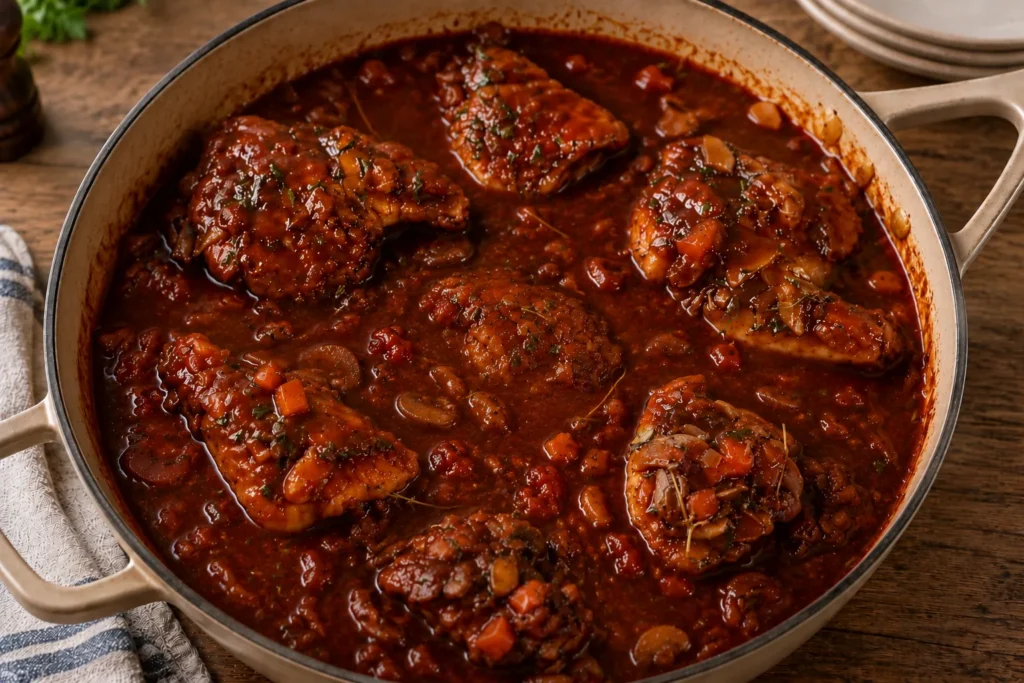 Chicken Chasseur in a beige cast iron pot with a deep reddish brown sauce.