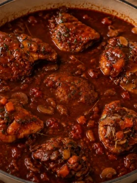 Chicken Chasseur in a beige cast iron pot with a deep reddish brown sauce.