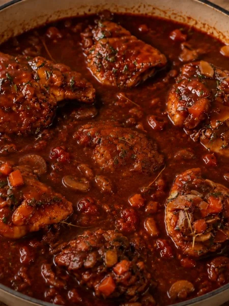 Chicken Chasseur in a beige cast iron pot with a deep reddish brown sauce.