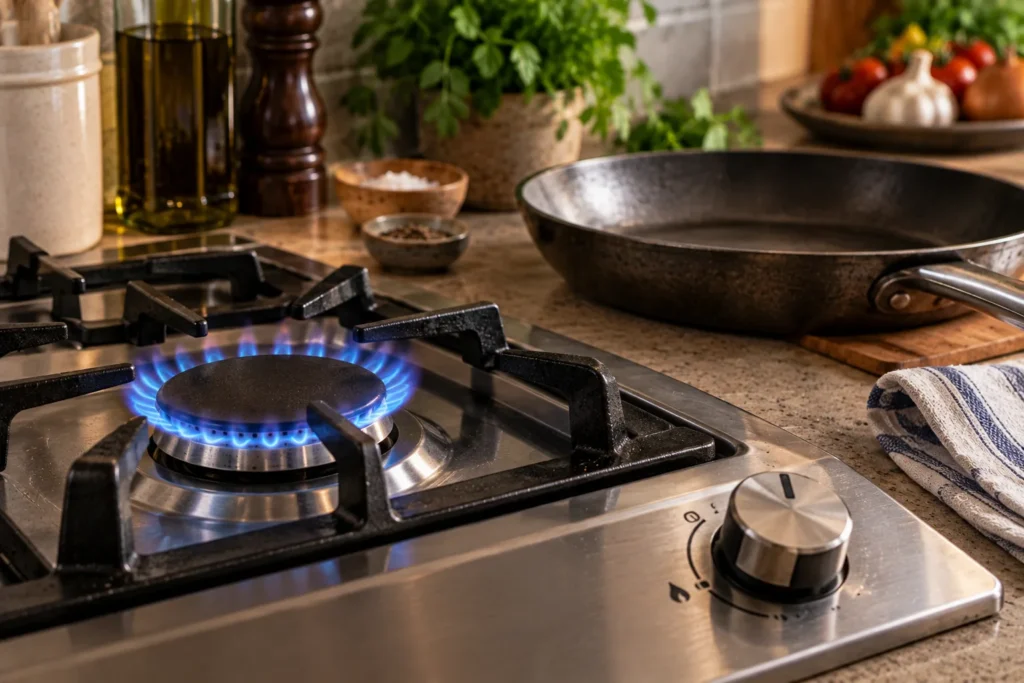 A gas hob burner with a visible flame, control knob and a pan waiting nearby.