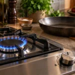 A gas hob burner with a visible flame, control knob and a pan waiting nearby.