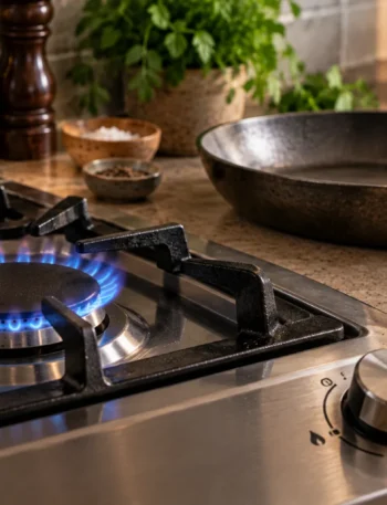 A gas hob burner with a visible flame, control knob and a pan waiting nearby.