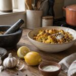 A bowl of spiced food with a mortar, whole spices, lemon and garlic on a kitchen worktop