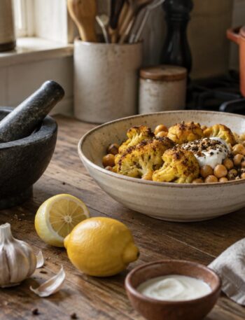 A bowl of spiced food with a mortar, whole spices, lemon and garlic on a kitchen worktop