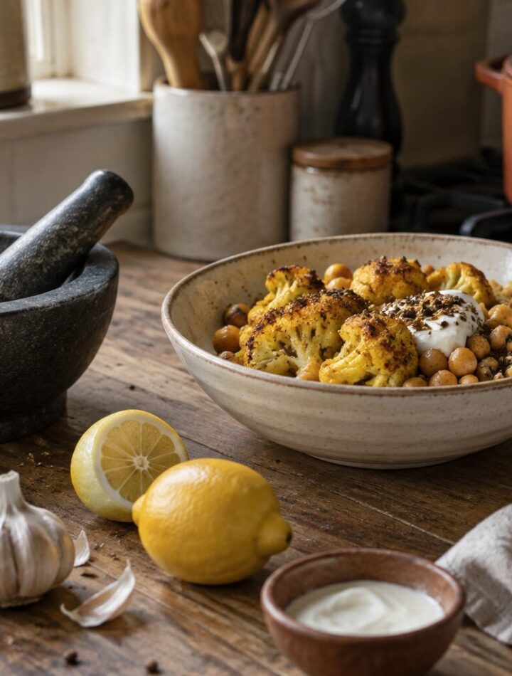A bowl of spiced food with a mortar, whole spices, lemon and garlic on a kitchen worktop