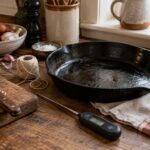 A seasoned pan, kitchen knife, twine4, thermometer and twine arranged for practical cookery