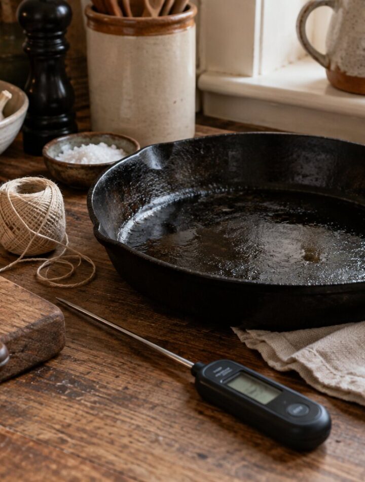 A seasoned pan, kitchen knife, twine4, thermometer and twine arranged for practical cookery