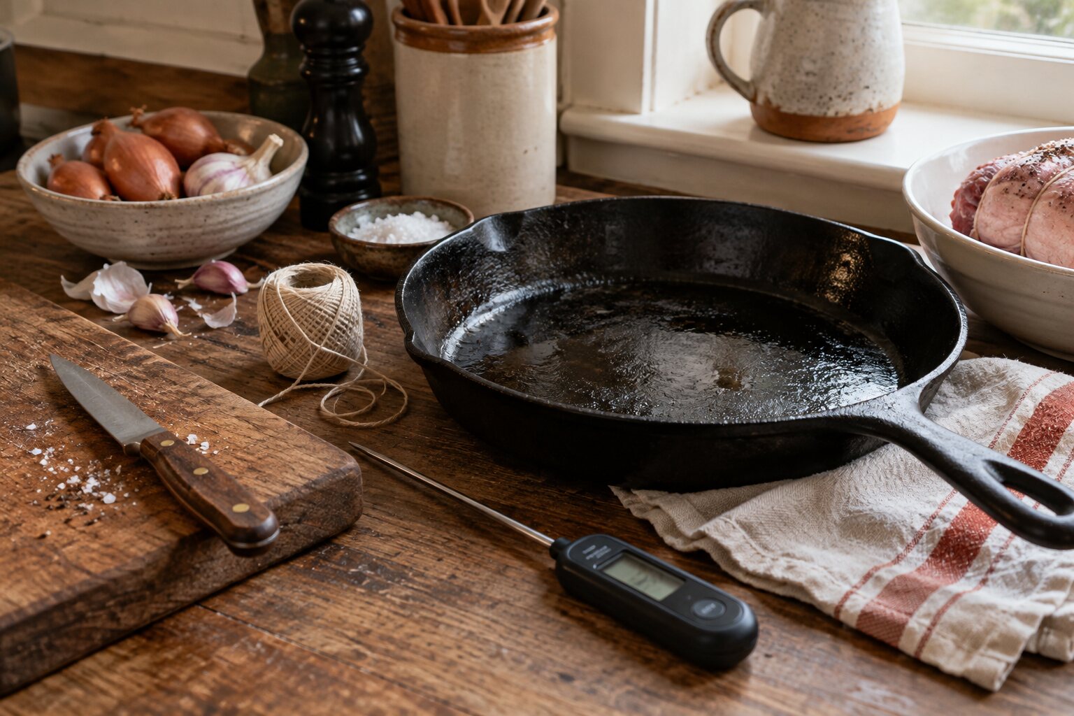 Well-used pan, knife, cooking thermometer and kitchen twine ready for work