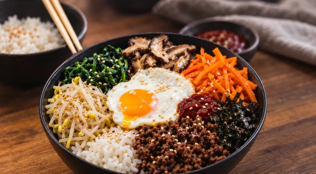 Bibimbap {Korean}, prepared and ready to serve.