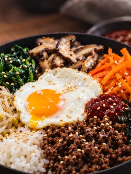 Bibimbap {Korean}, prepared and ready to serve.