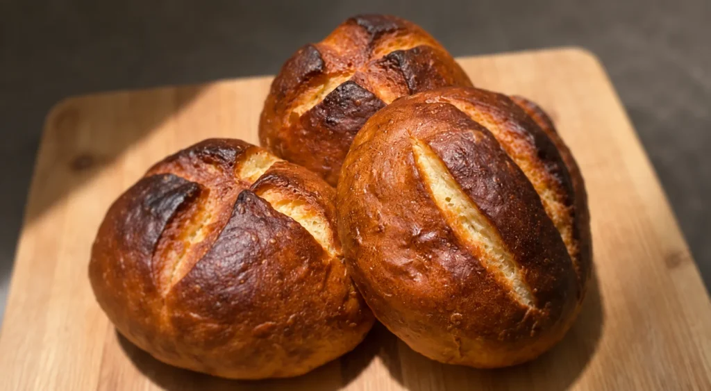 Four rustic golden brioche buns arranged closely together.