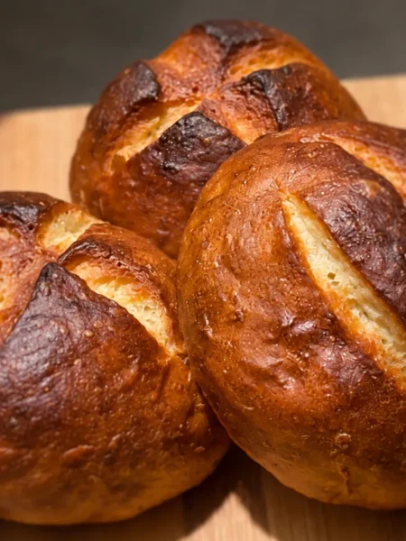 Four rustic golden brioche buns arranged closely together.