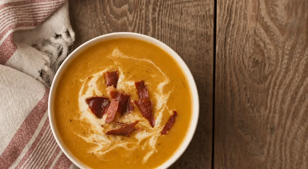 Butternut Squash and Prosciutto Soup, prepared and ready to serve.