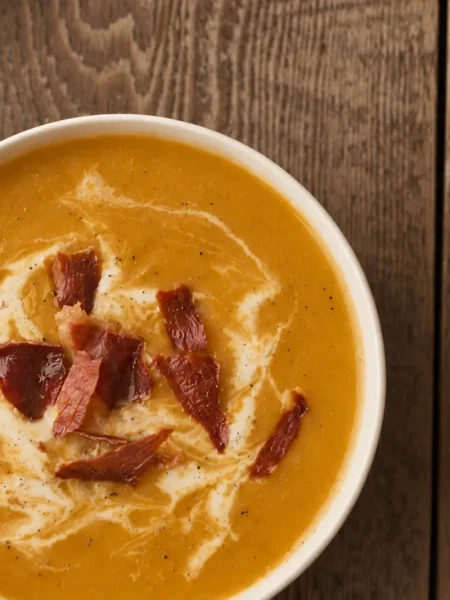 Butternut Squash and Prosciutto Soup, prepared and ready to serve.