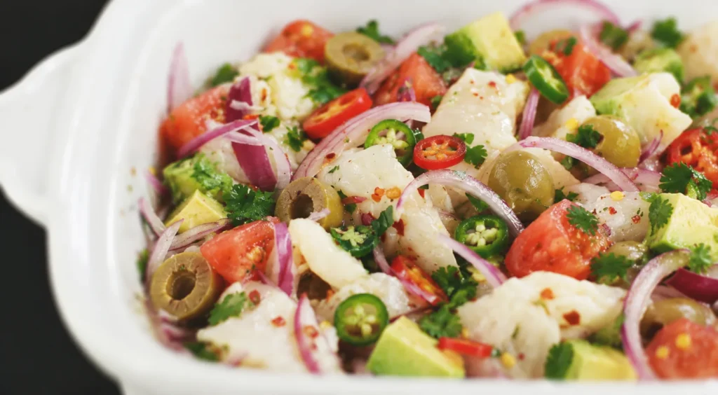 Ceviche de Checo, prepared and ready to serve.