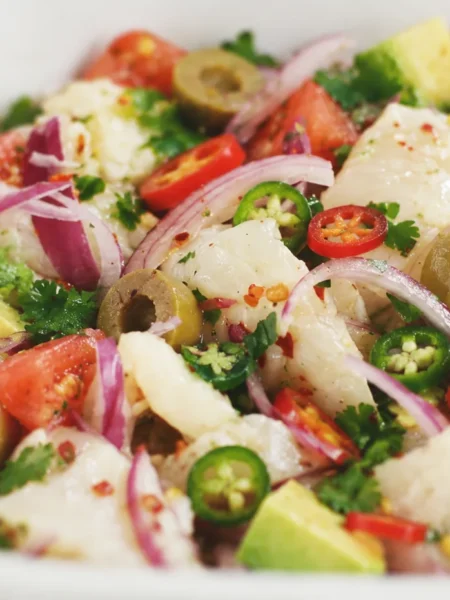 Ceviche de Checo, prepared and ready to serve.