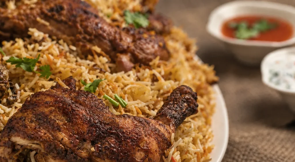 Chicken biryani with saffron-gold basmati rice and browned chicken.