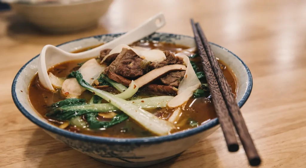 Chinese Beef, Vegetable and Noodle Soup, prepared and ready to serve.