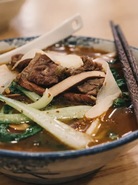 Chinese Beef, Vegetable and Noodle Soup, prepared and ready to serve.
