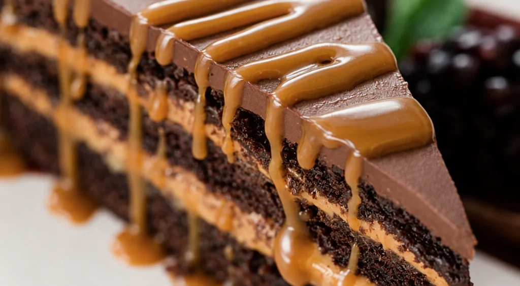 Chocolate Caramel Cake, prepared and ready to serve.