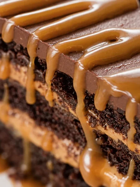 Chocolate Caramel Cake, prepared and ready to serve.