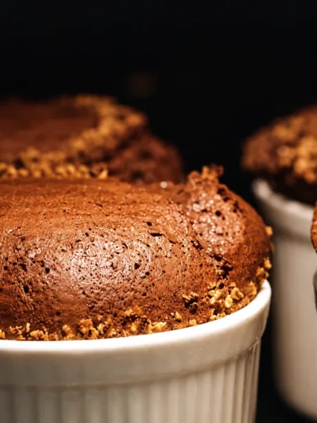 Chocolate Soufflé Beneath a Rich Butterscotch Sauce, prepared and ready to serve.