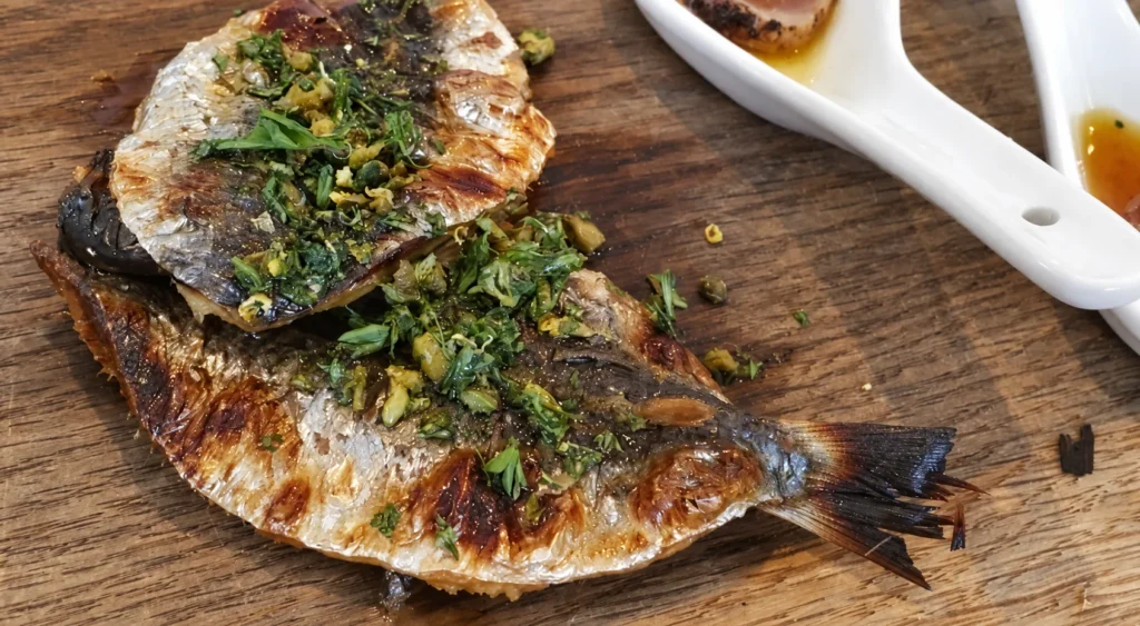 Flounder with Pistachio, Herb and Caper Sauce, prepared and ready to serve.