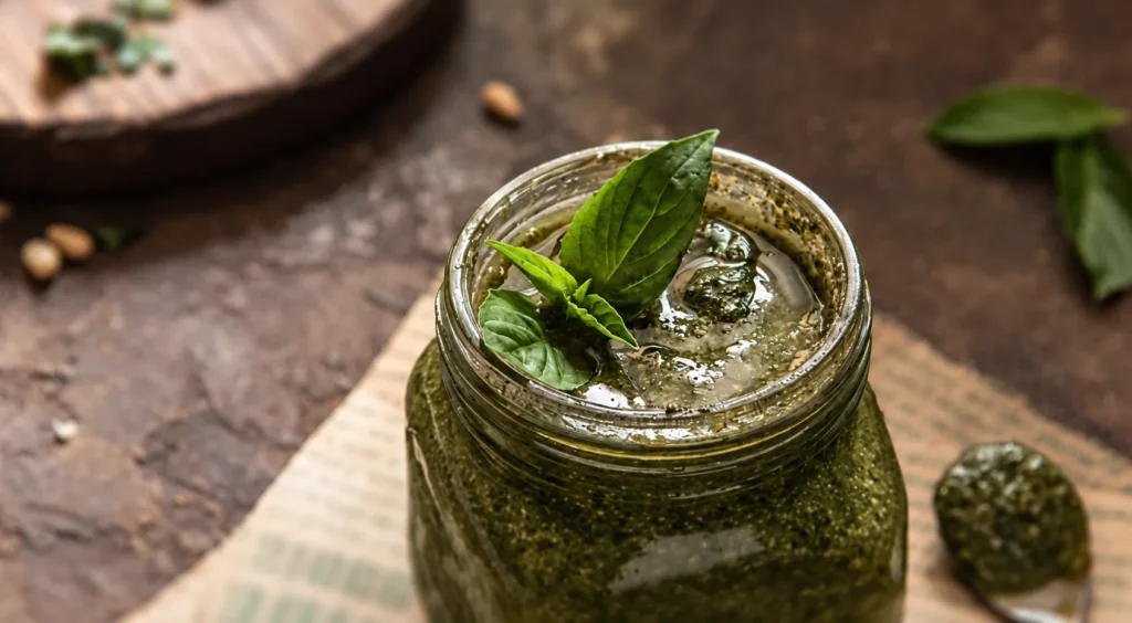 Fresh Basil Pesto, prepared and ready to serve.