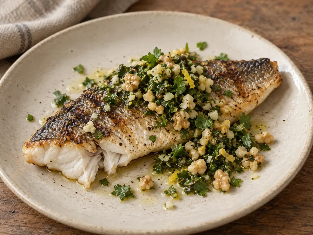 Grilled Sea Bass with Walnut Gremolata, prepared and ready to serve.