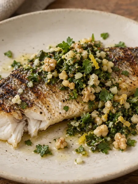 Grilled Sea Bass with Walnut Gremolata, prepared and ready to serve.
