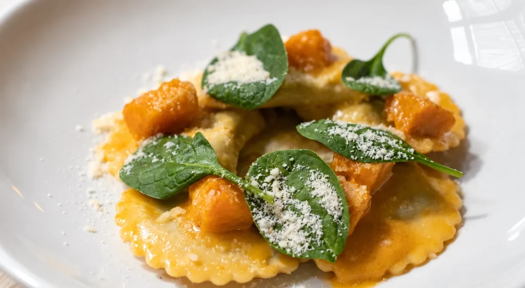 Homemade Fresh Ravioli (Pasta Gialla), prepared and ready to serve.