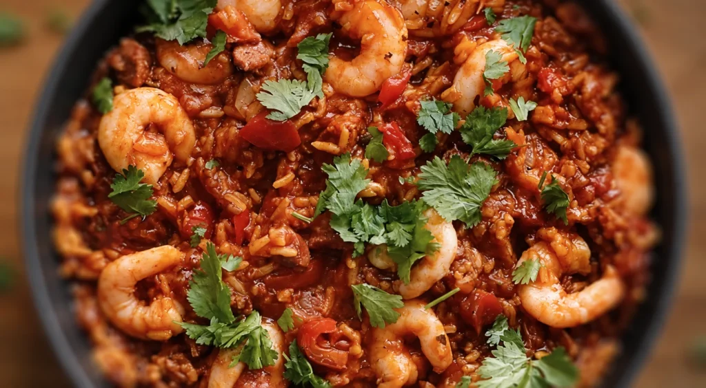 Jambalaya (Creole/Cajun), prepared and ready to serve.