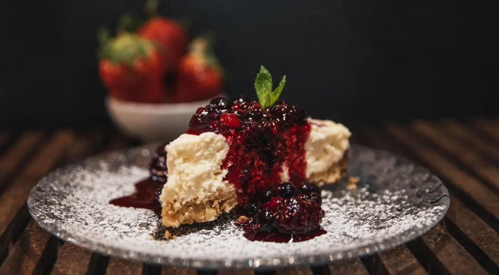 Mixed Berry Cheesecake, prepared and ready to serve.