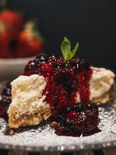 Mixed Berry Cheesecake, prepared and ready to serve.