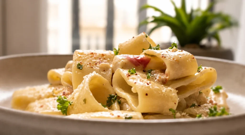 Paccheri alla Crabe et Prosciutto, prepared and ready to serve.