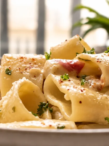 Paccheri alla Crabe et Prosciutto, prepared and ready to serve.