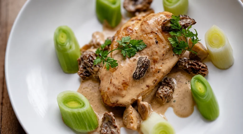 Poulet aux Morilles et Sauce au Xérès, prepared and ready to serve.